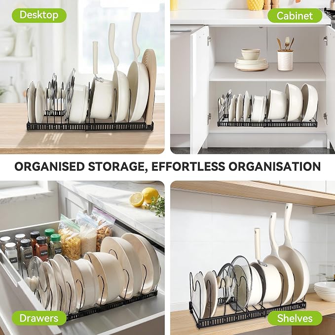 Fyvva Pots and Pans Organizer under Cabinet Expandable 14 Dividers Black | Pot Lid Organizer, Adjustable Dividers, Tool Free Install, Non Slip & Rustproof, Secure Dividers, 11.8"-22.8", Under Sink