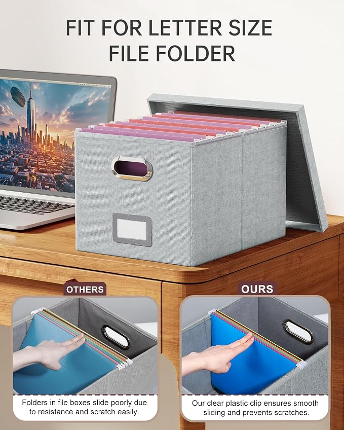 Oterri 2 Pack File Storage Organizer, Filing Box, Portable File Box with Lid, Fit for Letter/Legal File Folder Storage, Document Organizer, Gray-White