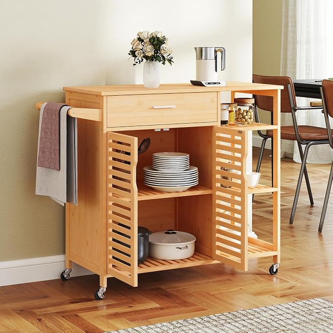 Bamboo Kitchen Island Cart, Rolling Butcher Block with Large Drawer, 2-Door Cabinet, 3-Tier Open Shelves, Towel Rack, Kitchen Carts on Wheels with Storage for Dining Room