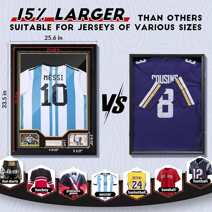 JupDec Jersey Frame Display Case, Large Clear Acrylic Shadow Box with UV Protection for Baseball Basketball Football Soccer Hockey shirts, Wall Mount Wooden Showcase, Idea Gift for Sports fans, 1 pack