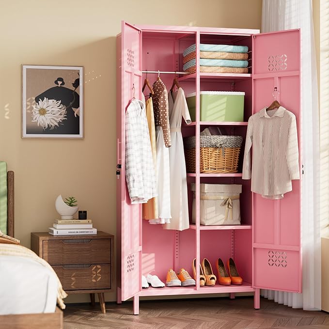 METAN 71" H*33.5" W*20" D Metal Wardrobe Closet with Lock,Extra Deep 2 Doors Metal Wardrobe Cabinet for Home,Assembly Required,Pink