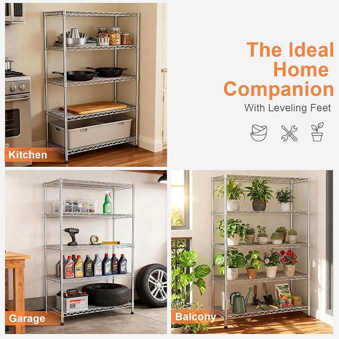 5 Tier Shelving Unit,30" Wx14 Dx62 H,Wire Shelving with Lockable Wheels,Metal Shelf Rack,Height Adjustable Wire Rack Storage Shelving Stand for Kitchen,PantryGarage,Office,Laundry,Living Room