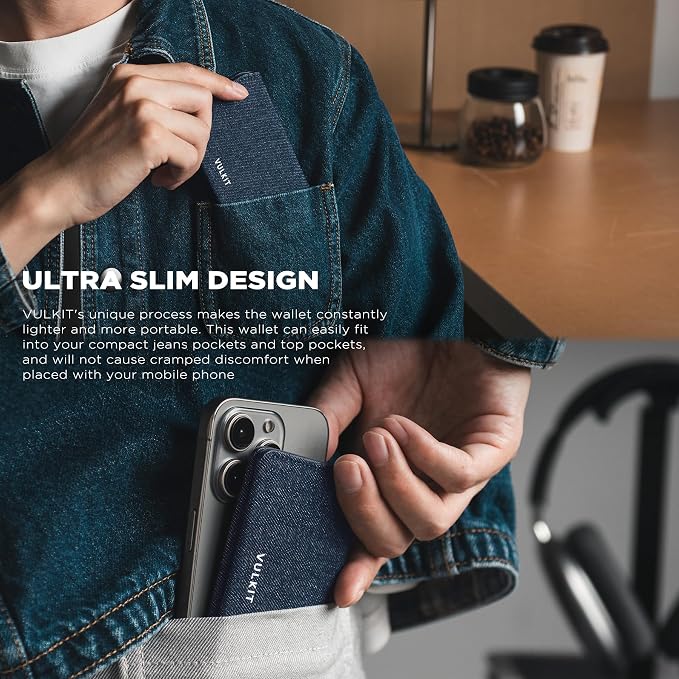 VULKIT Slim Minimalist Card Holder RFID Blocking Leather Credit Card Holder Front Pocket Wallet Magnetic Closure, Denim Blue
