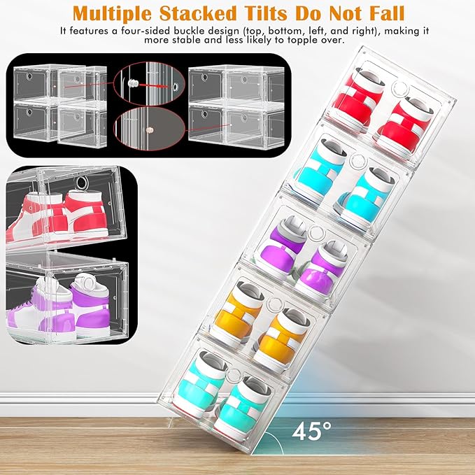 ARSTPEOE 12-Pack Shoe Storage Boxes Clear Magnetic Stackable | Upgraded Harder Material, Stackable Space-saving, Fits Sneakers & Boots, Clear Magnetic Front Door