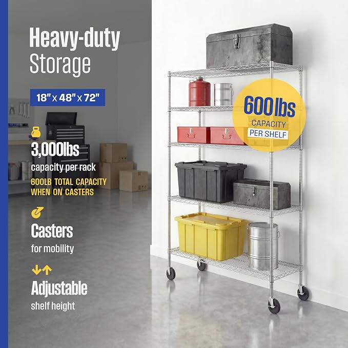 SafeRacks NSF 5-Tier Heavy Duty Wire Shelving Unit w/Wheels, 18"x48"x72"