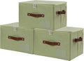 ANMINY Fabric Storage Box Bins with Zipper Lid, Washable Green, 3PCS | Cotton Linen Fabric, PP Board Frame, Label Holder, Stackable & Foldable, PU Handles, Dual-Zipper 3-Side Open Lid, Medium