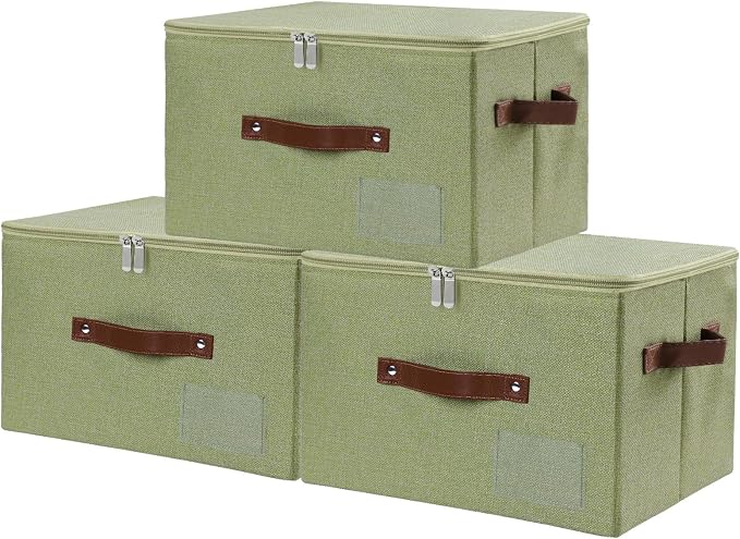ANMINY Fabric Storage Box Bins with Zipper Lid, Washable Green, 3PCS | Cotton Linen Fabric, PP Board Frame, Label Holder, Stackable & Foldable, PU Handles, Dual-Zipper 3-Side Open Lid, Medium