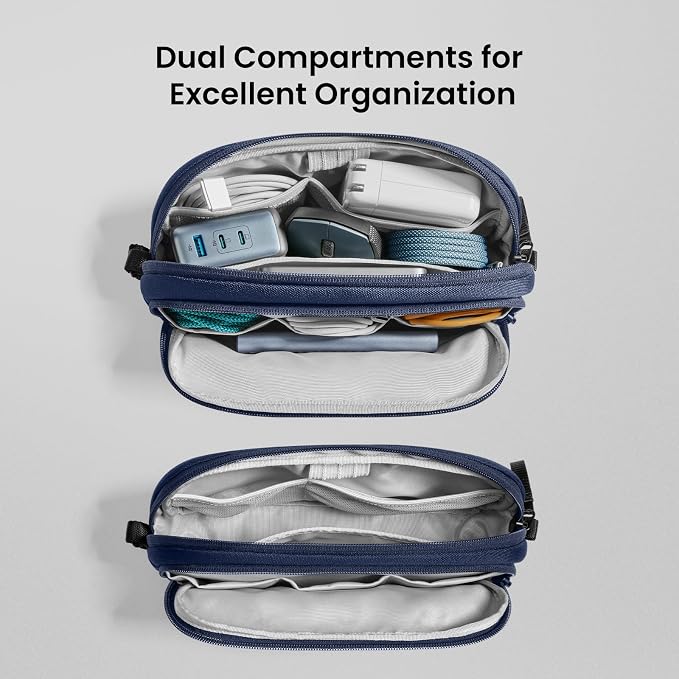 tomtoc Electronic Organizer Travel Case, Water Resistant Dual Compartment Tech Pouch Cable Organization Storage Bag for Charger, Cord, Phone, Hard Drive, Power Bank, Accessories Travel Essentials | Water Resistant Cable Pouch Storage Bag for Charger, C...