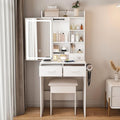 Small Makeup Vanity Desk with Mirror and Lights, Vanity Table Set with Storage Drawer & Open Shelves, 3 Lighting Colors, Adjustable Brightness Mini Makeup Vanity with Stool (Style B)