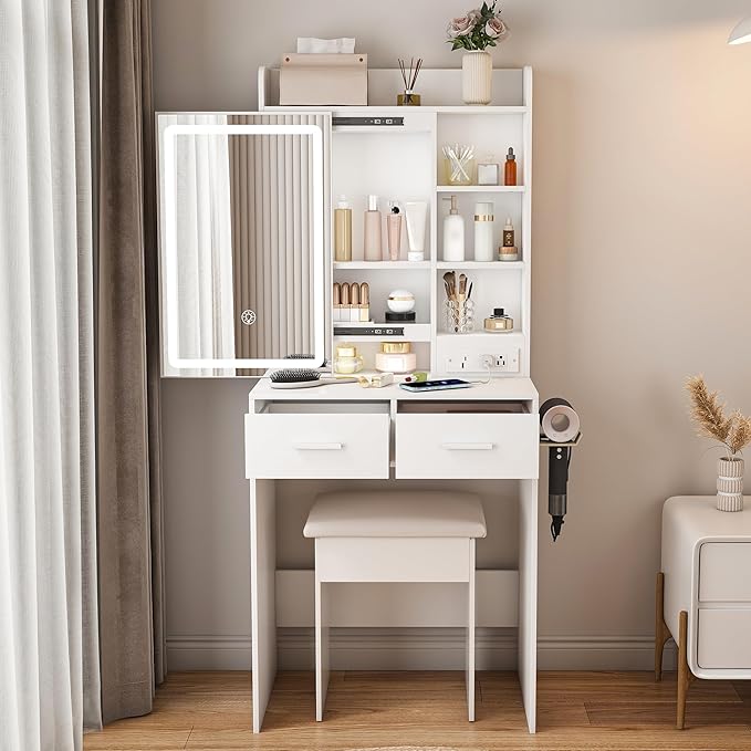 Small Makeup Vanity Desk with Mirror and Lights, Vanity Table Set with Storage Drawer & Open Shelves, 3 Lighting Colors, Adjustable Brightness Mini Makeup Vanity with Stool (Style B)