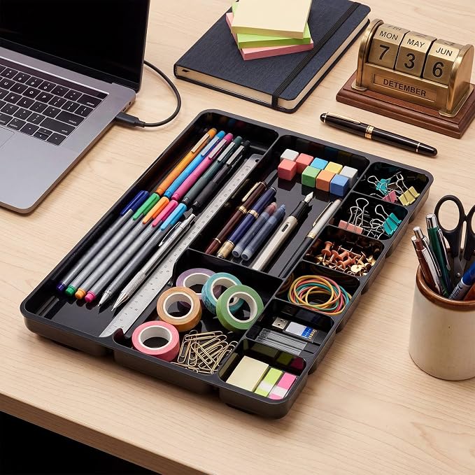 Junkin 4 Pcs Shallow Drawer Organizers 14" x 9" x 1" Desk Drawer Organizer Tray with 9 Storage Compartments for Home Office Classroom School Organizing Pens Paper Clips Sticky Notes (Black)