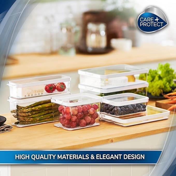 CARE + PROTECT Smart Food Container, Perfectly Stackable, Fridge Organiser, Protect Food From Moisture, Keep Food Fresh Longer 2.15L