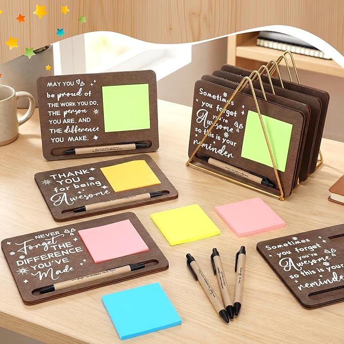 Kosiz 10 Set Back to School Teacher Gifts Wooden Sticky Note Holder with Notes and Ballpoint Pens Inspirational Sticky Notes Sets for Teacher Back to School Party Supplies, Brown