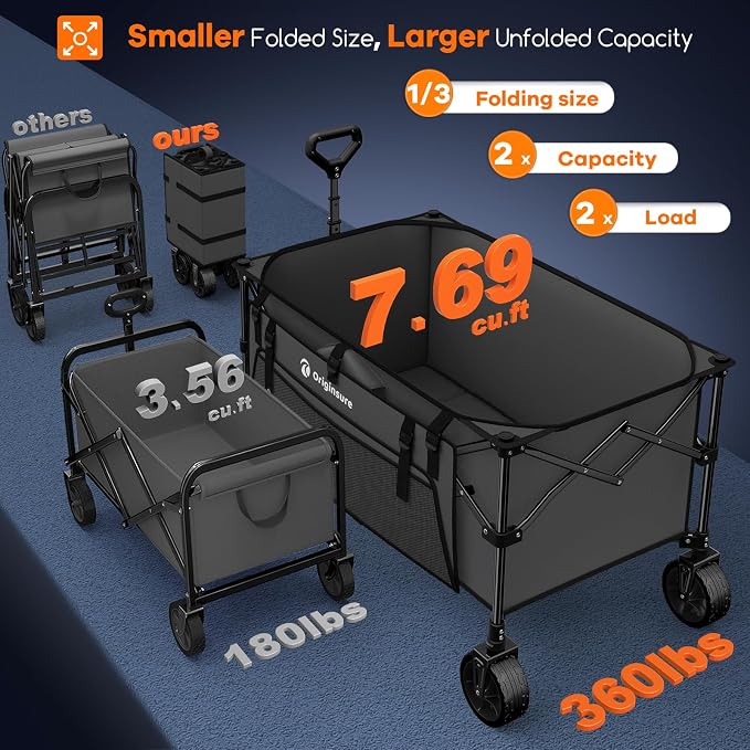 Originsure 220L Collapsible Wagon Cart Foldable, 38" L Extra Large Heavy Duty Folding Beach Wagons with All-Terrain Wheels, Utility Carts for Camping, Sports, Shopping, Groceries - Grey