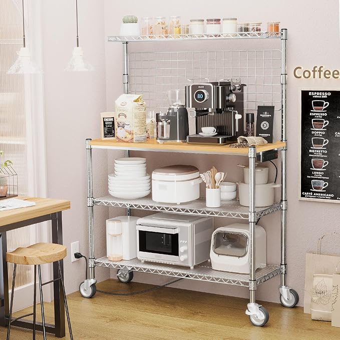 Bakers Rack with Power Outlet & Storage,36In Microwave Stand Kitchen Cart | 4-Tier Metal Kitchen Shelves Cart with Wheels & 20 S-Hooks for Kitchen, NSF Certified, 63 x 18 x 36 Inch-Chrome