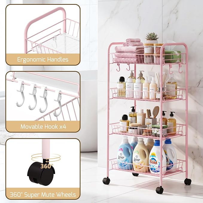 PLKOW 4-Tier Rolling Utility Cart with Detachable Baskets, Pink | 4-tier steel cart with detachable baskets, anti-fall pads, hooks, and 360° wheels for compact home storage