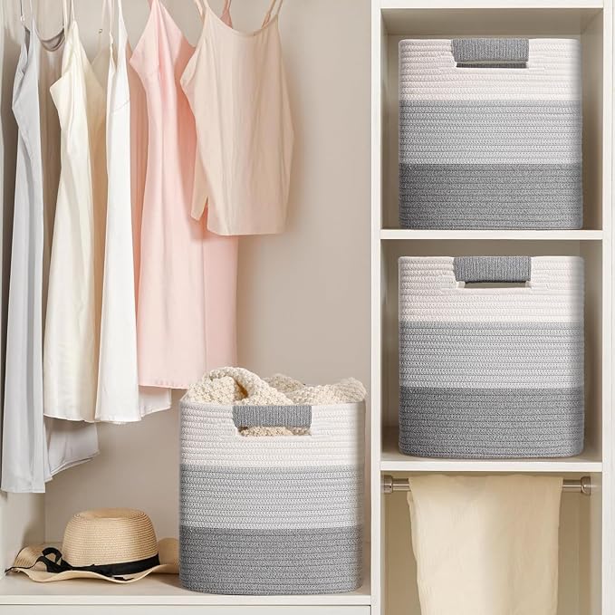 12 Inch Storage Cubes, 3 Pack Cube Storage Bins for Organizing, Cotton Rope Woven Baskets for Shelves, Bathroom, Kids Room, Closets, Baby Nursery