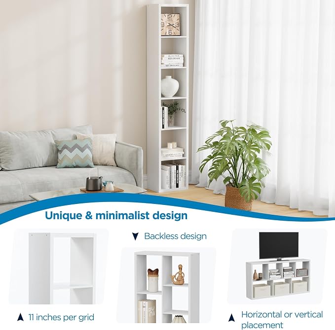 6 Cube Storage Organizer Single Row, Cube Shelf with Heavy-Duty Thick Boards, 13.31" L x 9.37" W x 72.36" H, Smooth Easy-Clean Panels, Simple Assembly, for Living Room Bedroom Office, White