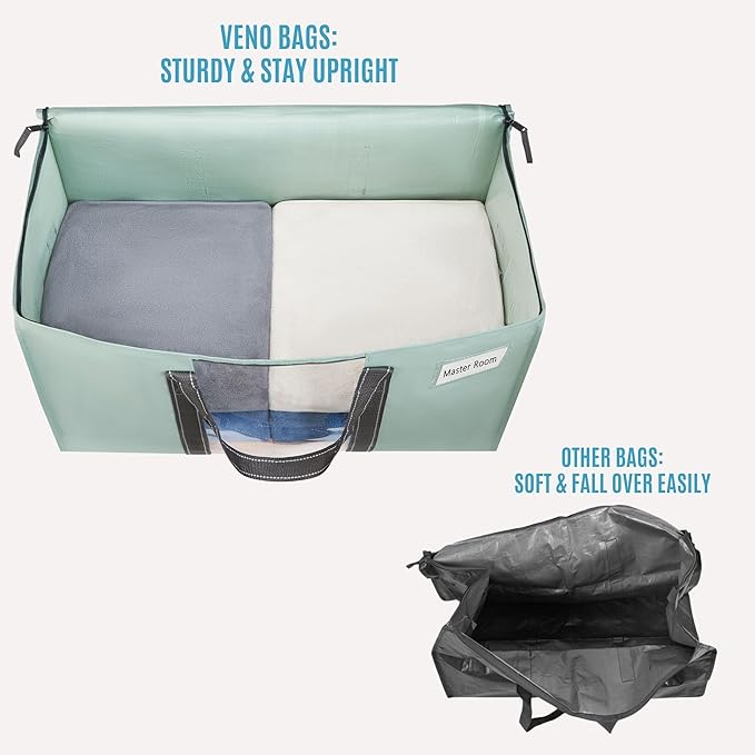 VENO 2 Pack Moving Bags with Clear Window, Heavy Duty Storage Bins with Lid, Around Handles, Tag, Zippers, Extra Large Totes Packing Moving Boxes Supplies for College Dorm Clothes (Light Green)