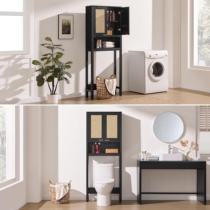 SICOTAS Over the Toilet Storage Cabinet, Rattan Door Bathroom Organizer | Freestanding Bathroom Organizer with Adjustable Shelf, Over Toilet Storage Cabinet for Bathroom, Laundry Room, dnd Restroom