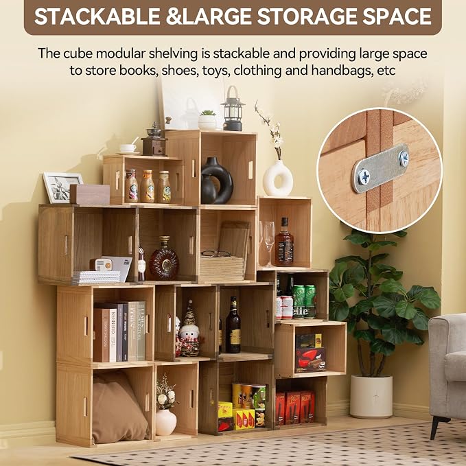 KIRIGEN Stackable Wood Storage Cube with Handles, Open Cubby Bin, Brown | Open-Front Wooden Crate Box for Books, Clothes, Shoes, Closet Storage, and Display for Home Office, Assembly Required