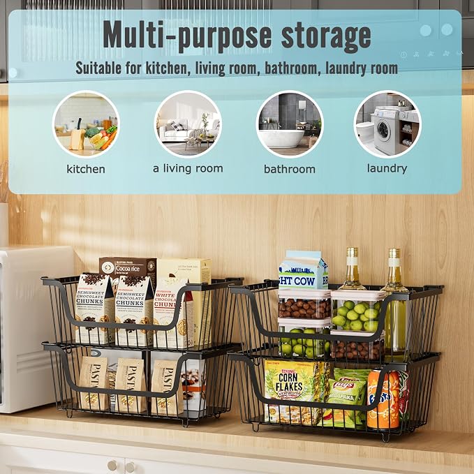 GAOKASE 4 Pcs Stackable Wire Baskets for Pantry Organizers and Storage,Vegetable Fruit Basket for Countertop,Kitchen Storage Metal Baskets,Produce Potato Onion Storage Bin-Black