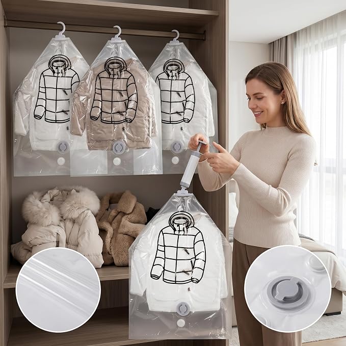 6PCS Hanging Vacuum Storage Bags, Transparent Thick Space Saver Bags, Reusable Compressed for Suits, Dress, Jackets.
