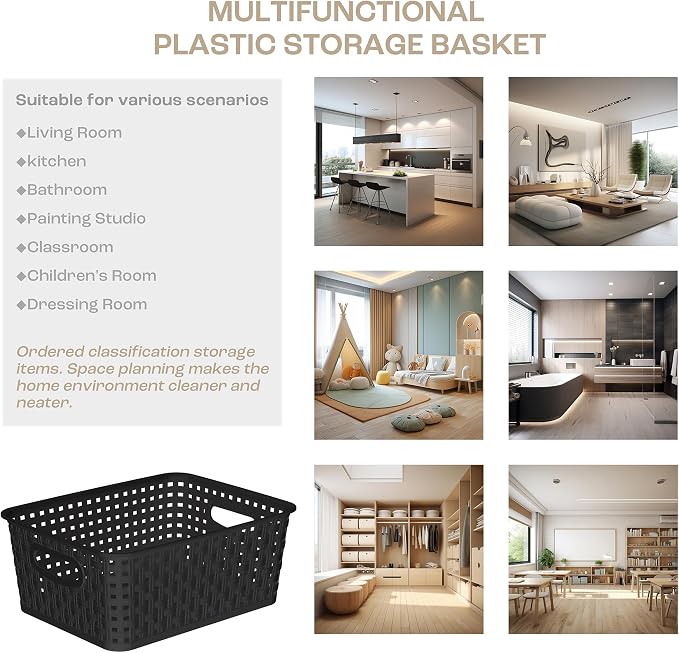 Black Storage Baskets, 12-Pack Stackable Plastic Woven Basket Organizer and Storage, Pantry baskets for Shelves, Cabinets, Classroom, Kitchens, Bathrooms, Countertops and Bedrooms