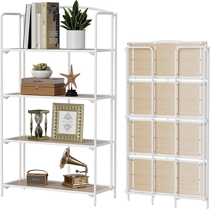 Crofy 4-Tier Wider Foldable Bookshelf, White Frame & White Oak Shelves | No-Assembly Collapsible Portable Storage Organizer; Sturdy White Oak Finish Shelves; Ideal for Living Room & Home Office