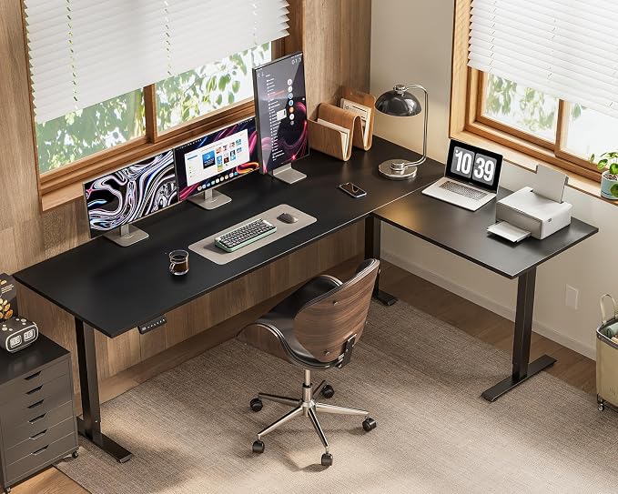 OffiGo 71 Inch Reversible L Shaped Electric Standing Desk, Black | Large Corner Height Adjustable Stand Up Desk, 3 Memory Presets, Sit Stand Table, Reinforced Frame for Home Office Workstation