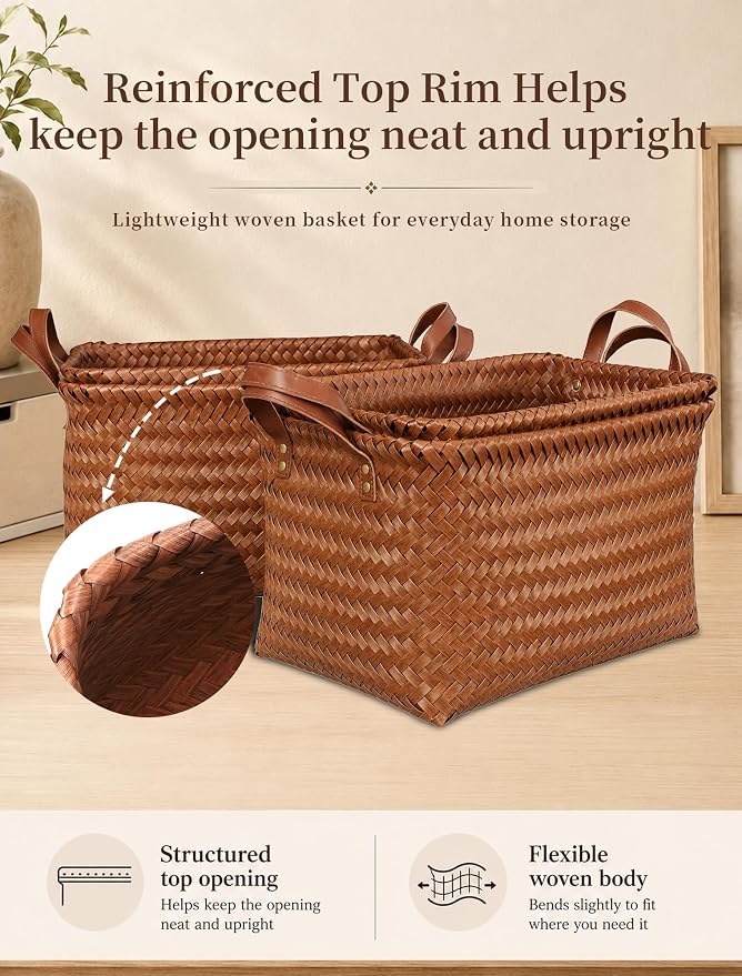 Hand Woven Baskets for Storage, 4Pcs Water-Resistant Wicker Baskets, Brown Wicker Storage Baskets for Shelves, Large Basket with Handle for Organizing, Clothes, Laundry, Blanket - Rectangular