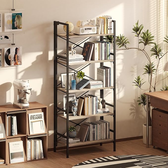 Homeiju Folding Bookshelf,5 Tier Bookcase Foldable Shelf with X-Bracket Design, Adjustable Feet, Space Saving Storage for Living Room, Office