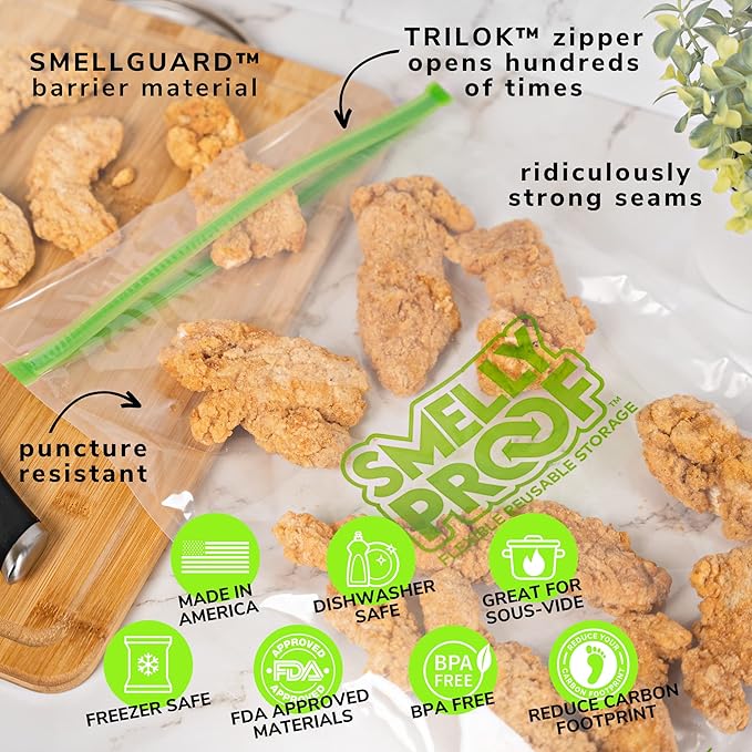 Smelly Proof Reusable Food Storage Bags, Reusable Freezer Bags, MADE IN USA, Dishwasher-Safe, BPA FREE, NO PEVA, 3-mil Thick Bags Extra Large+ Clear Flat 2-Gallon 12” x 16”, 5-Pack