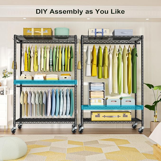 FUTASSI P3 Plus Rolling Clothes Rack, Clothing Racks for Hanging Clothes, Heavy Duty Garment Rack with Wheels, Freestanding Portable Closet Racks 45" W x 14" D x 78.5" H, Max Load 480 LBS, Black
