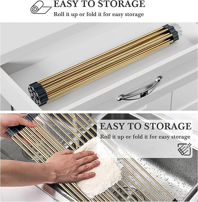 Gold Over Sink Dish Drying Rack - 17.7” x 13.4“Roll Up Dish Drying Rack, Silicone Wrapped Kitchen Rolling Dish Drainer, Anti-Slip Foldable Sink Rack Mat, Multipurpose Dish Racks For Kitchen Counter