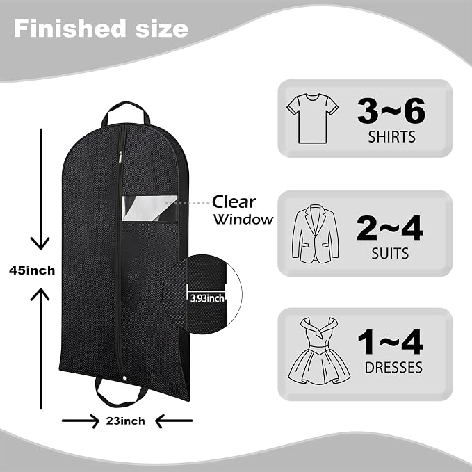 Gusseted Garment Bags for Hanging Clothes, 45'' Suit Bag Cover for Storage and Travel, Dress Bags for Gowns Long (Black)