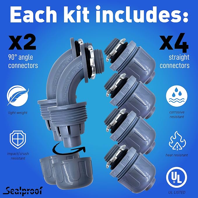 Sealproof 1-Inch Non-metallic Liquid-Tight Conduit and Connector Kit, 25 Foot Made in USA Flexible Electrical Conduit Type B with 4 Straight and 2 90-Degree Conduit Connector Fittings, 1" Dia