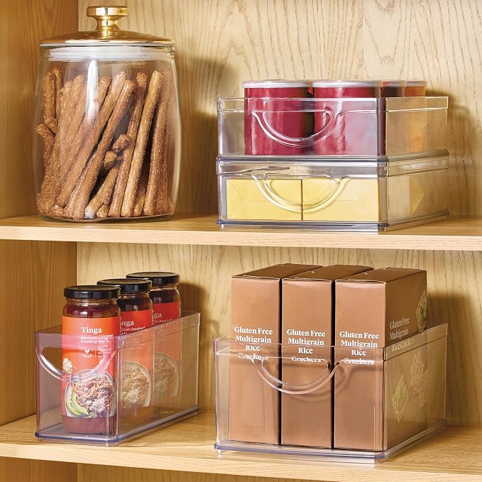 iDesign Plastic Stackable Pantry Bin, Set of 2, Clear | Storage Bin with Handles, For Cabinets or Fridge