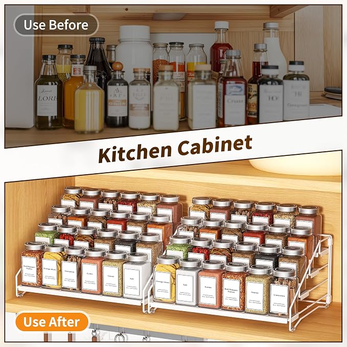 BOIVSHI Spice Organization for Cabinet, Spice Rack Organizer, Spice Rack Organizer for Cabinet, Depth Adjustable Seasoning Organizer Organizer for Cabinet, Countertop, Pantry, Metal, White (2 Pack)