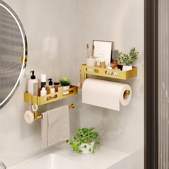 Paper Towel Holder Wall Mount for Kitchen, Paper Towel Holder with Shelf for Bathroom, RV Paper Towel Rack with 2 Hooks, Gold