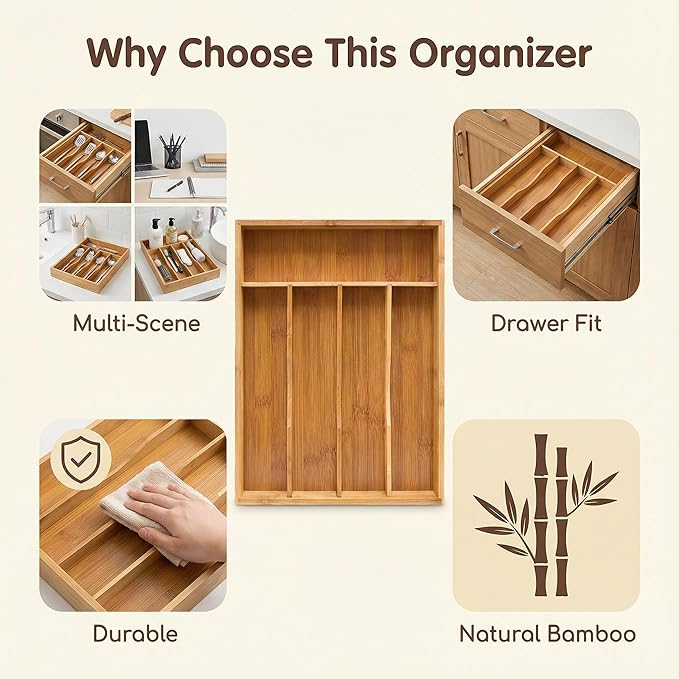 Bamboo Drawer Organizer - Kitchen Utensil Holder, 5 Slots Silverware Drawer Organization, Kitchen Wooden Tray for Cutlery, Flatware & Stationery - Natural