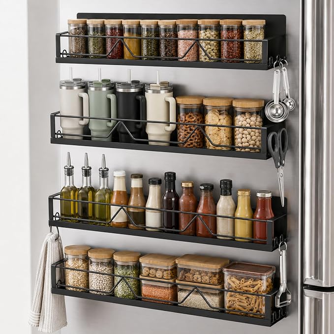 Magnetic Spice Rack for Refrigerator & Oven, 4 Pack XL Heavy Duty Magnetic Shelf for Fridge with Hooks, No Drill Rust Proof Shelves for Washer and Dryer, Sleek fridge magnet organizer