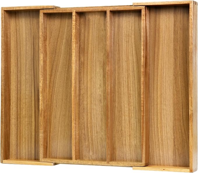 VaeFae Acacia Kitchen Silverware Organizer, Cutlery Drawer Organizer with 5 Compartments, Wooden Utensil Holder for Flatware and Cooking Tools