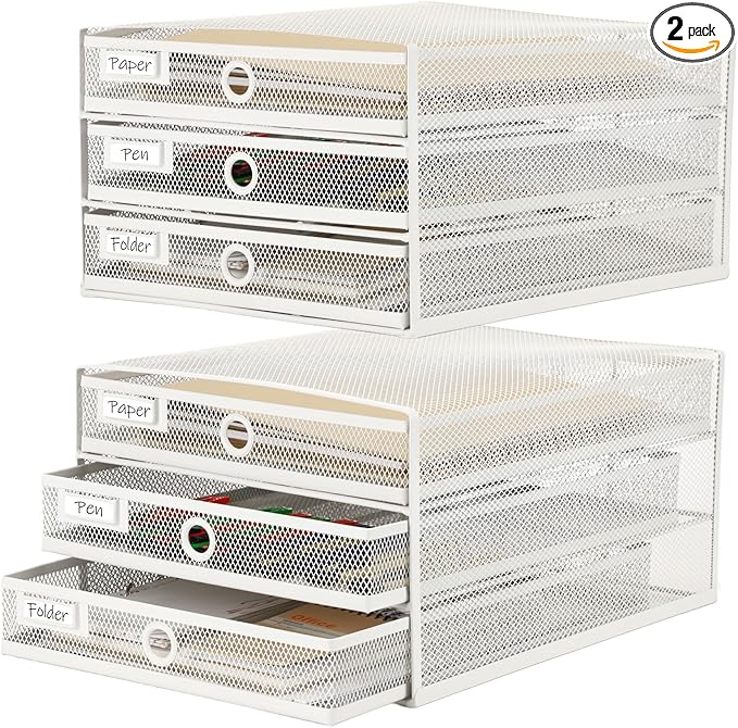 Zhanmai 2 Pack White Desk Organizer with Drawer Total Wire Mesh Storage Tray Multifunctional Paper Sorter File Stand for Home Office Supplies Letter A4 Paper Office Accessories Back to School (3 Tier)