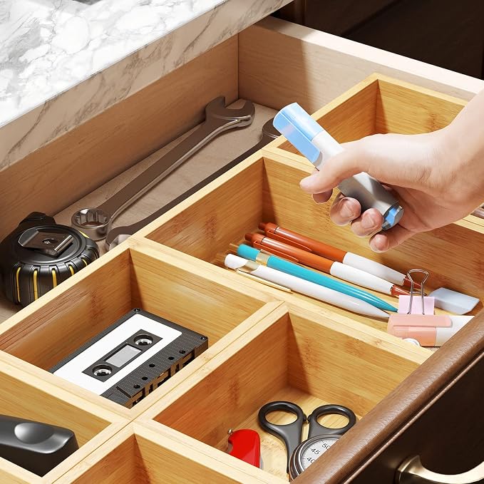 SpaceAid 6 Pcs Bamboo Drawer Organizer Storage Box Set, Multi-Use Drawer Organizer Bin for Kitchen, Bathroom, Office Desk and Makeup (6 Boxes)