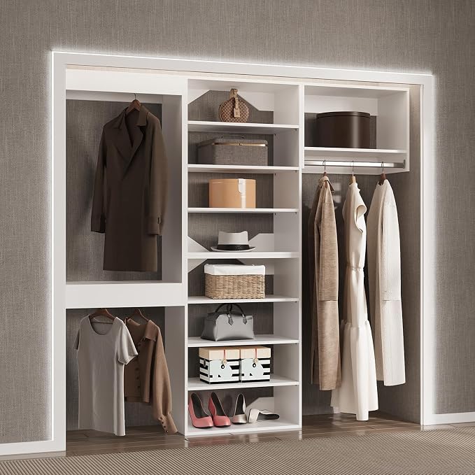 Modular Closet Organizer, 102" WideKit with Towers and Hanging, Wood Tower Storage for Walk In Closet, Wall Mounted Wardrobe Organizer, Bedroom, White