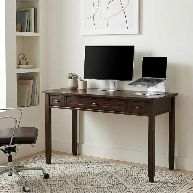 SIMPLIHOME Warm Shaker Desk - 48 inch Wide Solid Wood Writing Desk in Russet Brown, Transitional Home Office Computer Desk for Living Room with Keyboard Tray, 2 Drawers and Storage