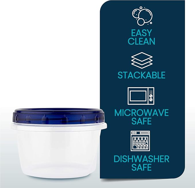 PLASTICPRO [16 oz 10 Pack] Twist Top Deli Containers Clear bottom With blue Top Twist on Lids Reusable, Stackable, Food Storage Freezer Container