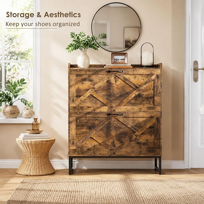 Nicetree Shoe Cabinet Storage for Entryway, Slim Shoe Storage Cabinet with 2 Flip Drawers, Narrow Vertical Shoe Rack Cabinet with Metal Hooks, Small Space Solution for Hallway, Rustic Brown