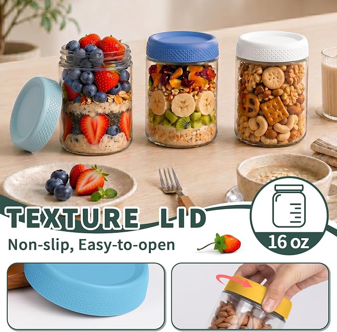 Overnight Oats Containers with Lids, Jars for Overnight Oats, Mason jar | Reusable Glass Jars, Parfait Cups with Lid for Yogurt, Chia, Pudding, Snack, Food, Spice, Breakfast, Salad, Sugar, Dressing